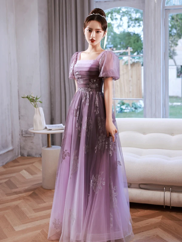 Chic / Beautiful Lilac Glitter Prom Dresses 2022 A-Line / Princess Square Neckline Puffy Short Sleeve Backless Chic / Beautiful Lilac Glitter Prom Dresses 2022 A-Line / Princess Square Neckline Puffy Short Sleeve Backless