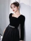 Fashion Black Rhinestone Prom Dresses 2022 A-Line / Princess Square Neckline Long Sleeve Backless Floor-Length / Long Formal Dresses