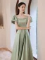 Elegant Sage Green Satin Prom Dresses 2021 A-Line / Princess Scoop Neck Puffy Short Sleeve Floor-Length / Long Formal Dresses