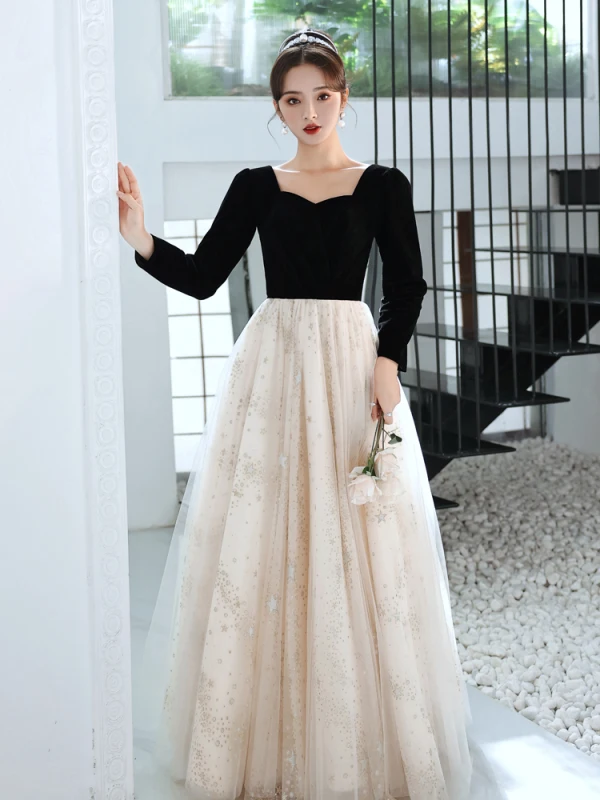 Fashion Black Prom Dresses 2022 A-Line / Princess Square Neckline Star Sequins 3/4 Sleeve Backless Floor-Length / Long Formal Dresses
