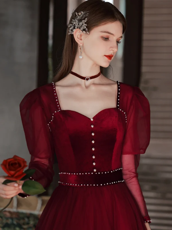 Elegant Burgundy Prom Dresses 2022 A-Line / Princess Pearl Square Neckline Long Sleeve Backless Bow Floor-Length / Long Formal Dresses