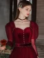 Elegant Burgundy Prom Dresses 2022 A-Line / Princess Pearl Square Neckline Long Sleeve Backless Bow Floor-Length / Long Formal Dresses