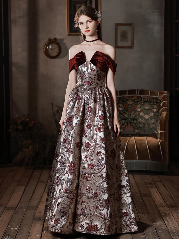 Vintage / Retro Burgundy Lace Flower Prom Dresses 2022 A-Line / Princess Off-The-Shoulder Short Sleeve Backless Floor-Length / Long Formal Dresses