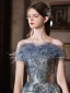 Charming Sky Blue Glitter Prom Dresses 2022 A-Line / Princess Tassel Off-The-Shoulder Rhinestone Sequins Short Sleeve Backless Floor-Length / Long Formal Dresses