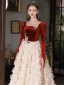 Luxury / Gorgeous Burgundy Suede Ruffle Prom Dresses 2022 A-Line / Princess Off-The-Shoulder Lace Flower Appliques Long Sleeve Backless Floor-Length / Long Prom Formal Dresses