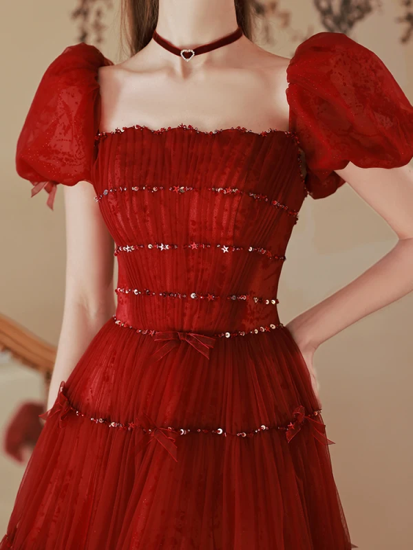 Fashion Burgundy Sequins Prom Dresses 2022 A-Line / Princess Square Neckline Puffy Short Sleeve Backless Bow Floor-Length / Long Formal Dresses