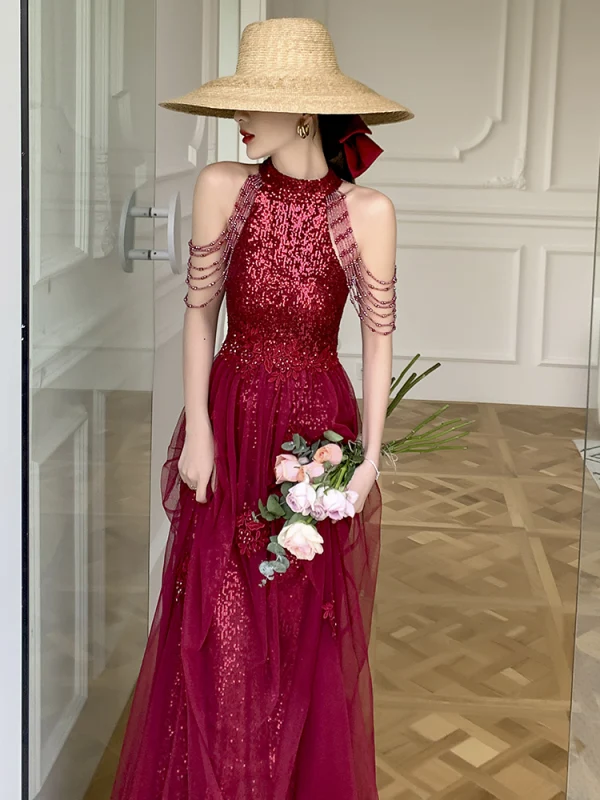 Charming Sparkly Burgundy Sequins Evening Dresses 2021 A-Line / Princess Sleeveless Scoop Neck Floor-Length / Long Prom Formal Dresses