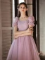 Chic / Belle Rougissant Rose Tachetée Robe De Bal 2022 Princesse Encolure Carrée Perle Manches Courtes Dos Nu Longue Robe De Ceremonie