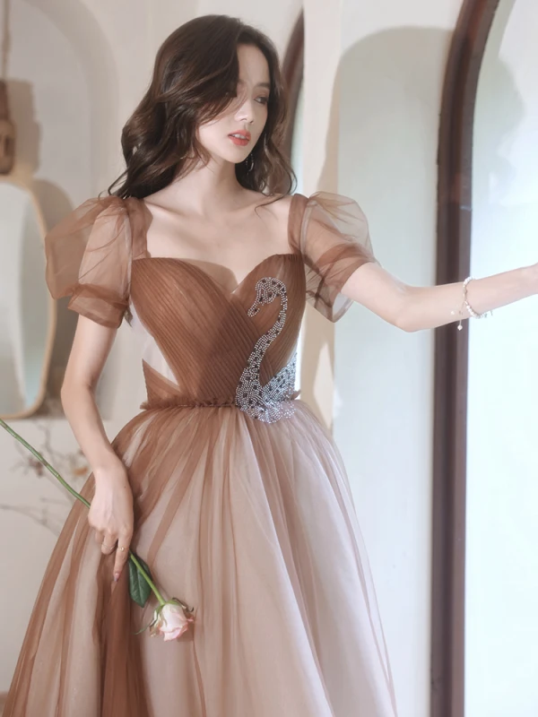Chic / Beautiful Brown Prom Dresses 2022 A-Line / Princess Square Neckline Puffy Short Sleeve Rhinestone Backless Floor-Length / Long Formal Dresses