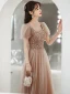 Charming Champagne Glitter Prom Dresses 2022 A-Line / Princess Scoop Neck Beading Sequins Short Sleeve Backless Floor-Length / Long Formal Dresses