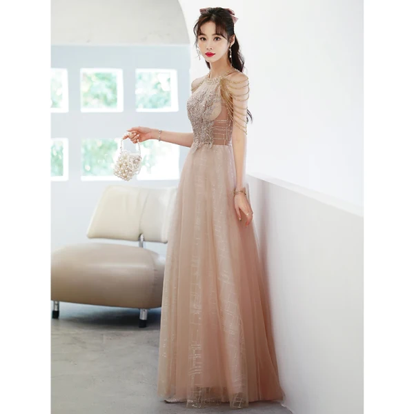Charming Champagne Prom Dresses 2022 A-Line / Princess Scoop Neck Lace Sequins Beading Flower Sleeveless Floor-Length / Long Formal Dresses
