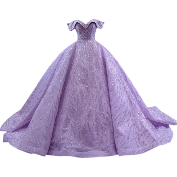 Luxury / Gorgeous High-end Lilac Prom Dresses 2022 Off-The-Shoulder Handmade  Beading Sequins Short Sleeve Backless Floor-Length / Long Formal Dresses