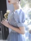 Elegant Sky Blue Beading Sequins Prom Dresses 2022 A-Line / Princess Scoop Neck Short Sleeve Floor-Length / Long Formal Dresses