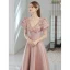 Elegant Blushing Pink Satin Prom Dresses 2022 A-Line / Princess V-Neck Beading Pearl Rhinestone Appliques Puffy Short Sleeve Bow Backless Floor-Length / Long Formal Dresses