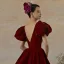 Elegant Burgundy Prom Dresses A-Line / Princess 2021 V-Neck Rhinestone Puffy Short Sleeve Backless Sweep Train Formal Dresses