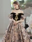Vintage / Retro Black Printing Prom Dresses 2022 Ball Gown Off-The-Shoulder Short Sleeve Backless Court Train Prom Formal Dresses