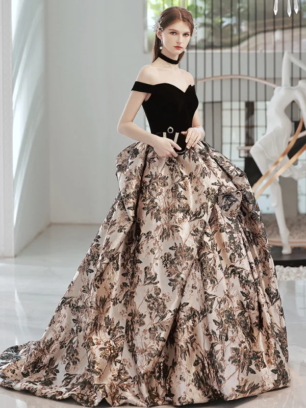 Vintage / Retro Black Printing Prom Dresses 2022 Ball Gown Off-The-Shoulder 3/4 Sleeve Backless Court Train Formal Dresses
