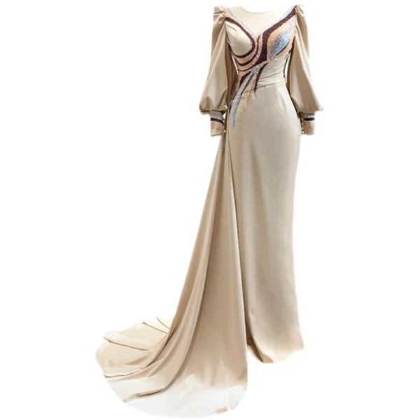 Fashion Champagne Satin Evening Dresses 2022 Trumpet / Mermaid Scoop Neck Multi-Colors Beading Pearl Long Sleeve Court Train Evening Party Formal Dresses