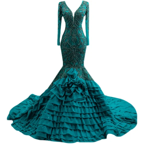 Vintage / Retro High-end Dark Green Cascading Ruffles Prom Dresses 2022 Trumpet / Mermaid V-Neck Beading Pearl Lace Flower Long Sleeve Backless Floor-Length / Long
