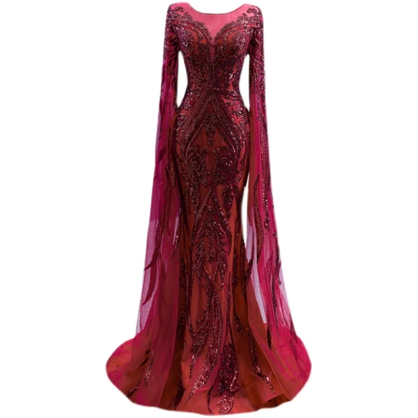 High-end Vintage / Retro Burgundy Beading Sequins Evening Dresses 2022 Trumpet / Mermaid Scoop Neck Court Train Long Sleeve Formal Dresses