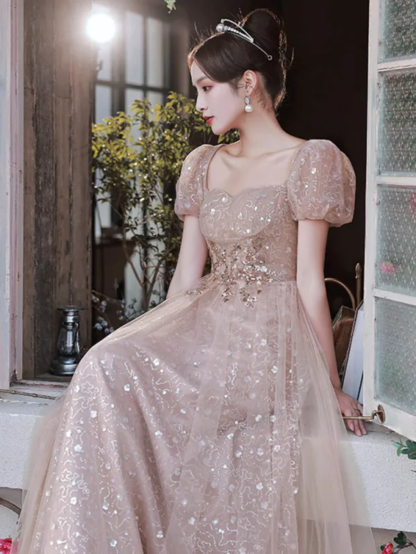 Mode Rougissant Rose Paillettes Robe De Bal 2022 Princesse Encolure Carrée Manches Courtes Dos Nu Longue Robe De Ceremonie