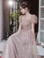 Mode Rougissant Rose Paillettes Robe De Bal 2022 Princesse Encolure Carrée Manches Courtes Dos Nu Longue Robe De Ceremonie