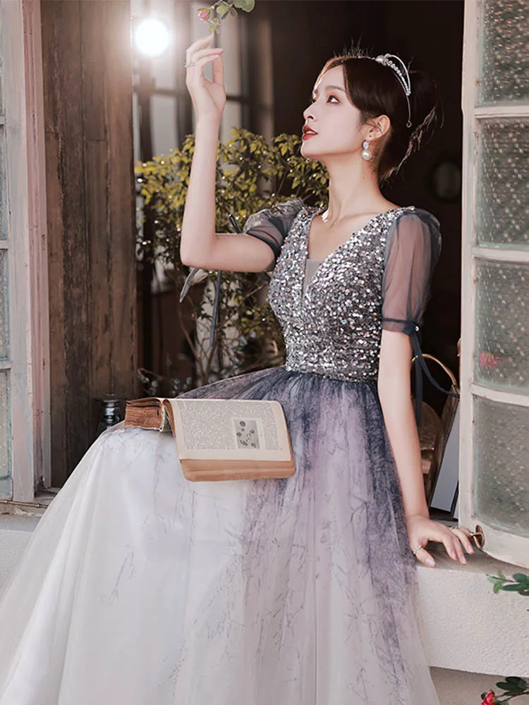 Charming Ocean Blue Gradient Color Prom Dresses 2022 A Line Princess V Neck  Sequins Bow Short Sleeve Backless Floor Length Long Formal Dresses