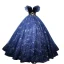 Chic / Beautiful Navy Blue Prom Dresses 2022 Ball Gown Off-The-Shoulder Beading Star Sequins Short Sleeve Backless Floor-Length / Long Formal Dresses