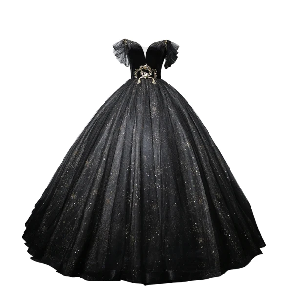 Elegant Black Prom Dresses 2022 Ball Gown Off-The-Shoulder Short Sleeve Backless Beading Sequins Floor-Length / Long Formal Dresses