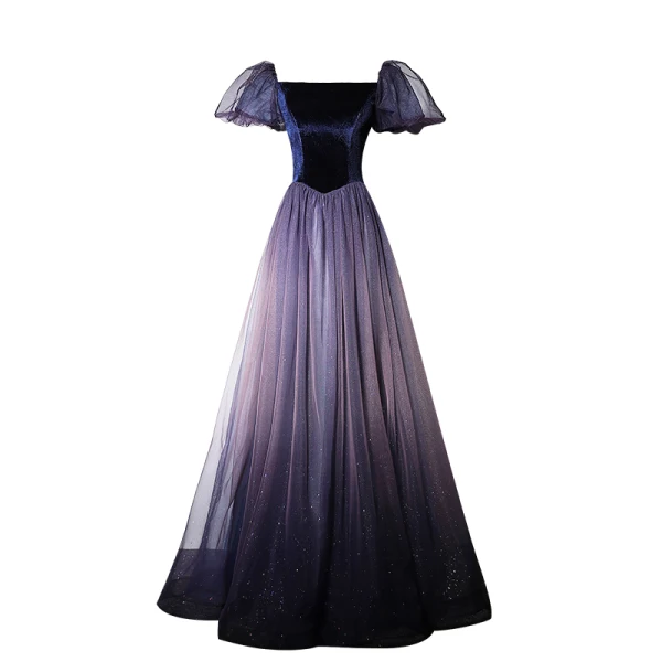 Elegant Purple Prom Dresses 2022 A-Line / Princess Square Neckline Puffy Short Sleeve Backless Bow Floor-Length / Long Formal Dresses