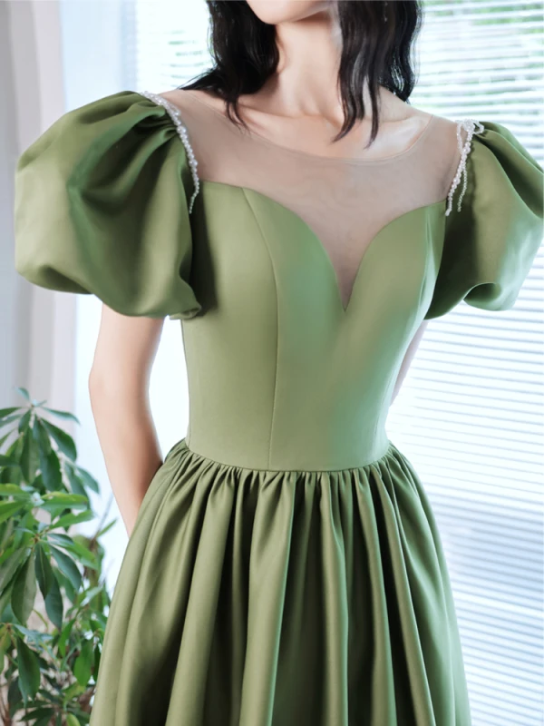 Chic / Beautiful Sage Green Prom Dresses 2021 A-Line / Princess Scoop Neck Beading Backless Puffy Short Sleeve Floor-Length / Long Formal Dresses