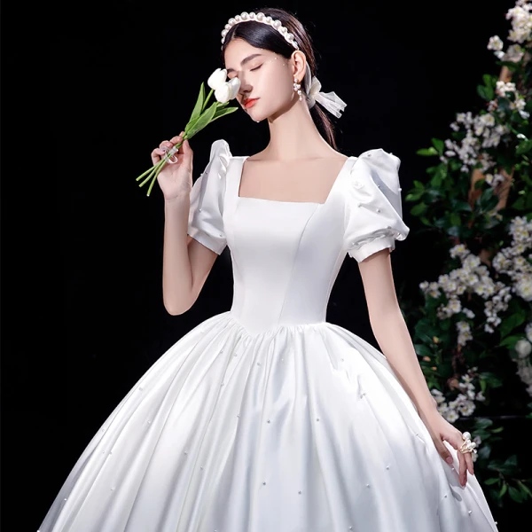 Elegant Ivory Satin Wedding Dresses 2021 Ball Gown Square Neckline Pearl Puffy Short Sleeve Backless Floor-Length / Long Wedding