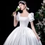 Elegant Ivory Satin Wedding Dresses 2021 Ball Gown Square Neckline Pearl Puffy Short Sleeve Backless Floor-Length / Long Wedding