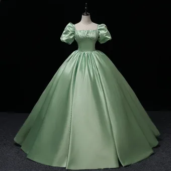 Elegant Sage Green Satin Prom Dresses 2022 Square Neckline Puffy Short Sleeve Bow Backless Floor Length Long Formal Dresses Prom