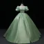 Elegant Sage Green Satin Prom Dresses 2022 Square Neckline Puffy Short Sleeve Bow Backless Floor-Length / Long Formal Dresses Prom