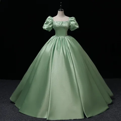 Elegantes Verde Salvia Satén Vestidos de gala 2022 Escote Cuadrado Hinchado Manga Corta Bowknot Sin Espalda Largos Vestidos Formales Gala