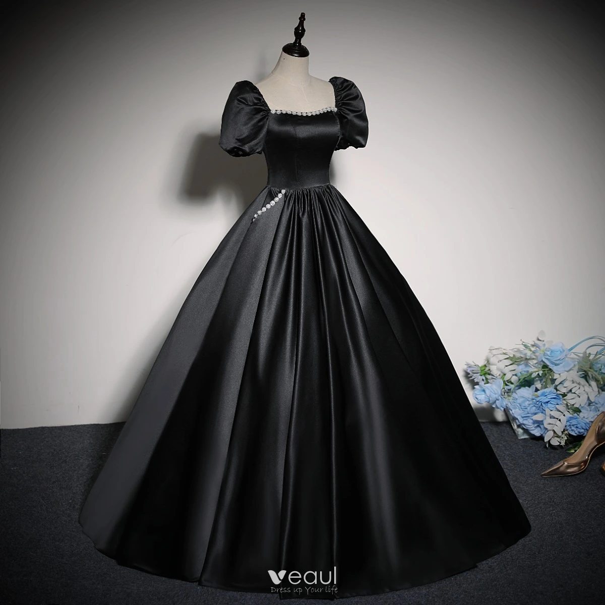 Elegant Black Pearl Rhinestone Satin Prom Dresses 2023 Ball Gown Square  Neckline Puffy Short Sleeve Backless Floor-Length / Long Prom Formal Dresses