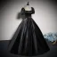 Elegant Black Pearl Rhinestone Satin Prom Dresses 2023 Ball Gown Square Neckline Puffy Short Sleeve Backless Floor-Length / Long Prom Formal Dresses