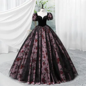 Vintage Rose Schwarz Ballkleider 2023 Ballkleid Eckiger Ausschnitt Kurze Ärmel Rückenfreies Lange Ball Festliche Kleider