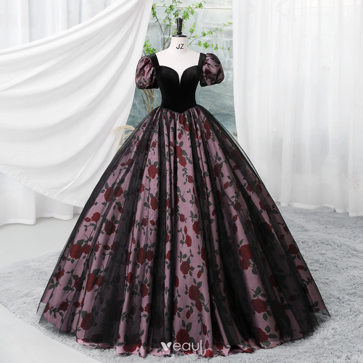 Vintage Rose Schwarz Ballkleider 2023 Ballkleid Eckiger Ausschnitt Kurze  Ärmel Rückenfreies Lange Ball Festliche Kleider