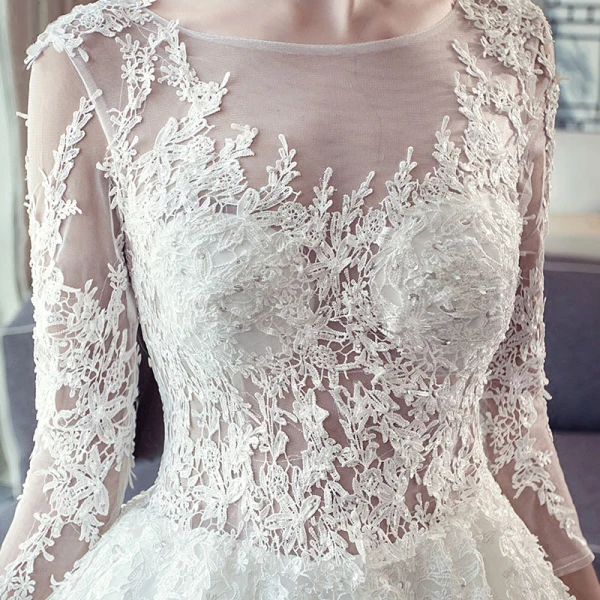 Chic / Belle Ivoire Robe De Mariée 2018 Robe Boule Transparentes En Dentelle Appliques Encolure Dégagée Dos Nu 3/4 Manches Tribunal Train Mariage