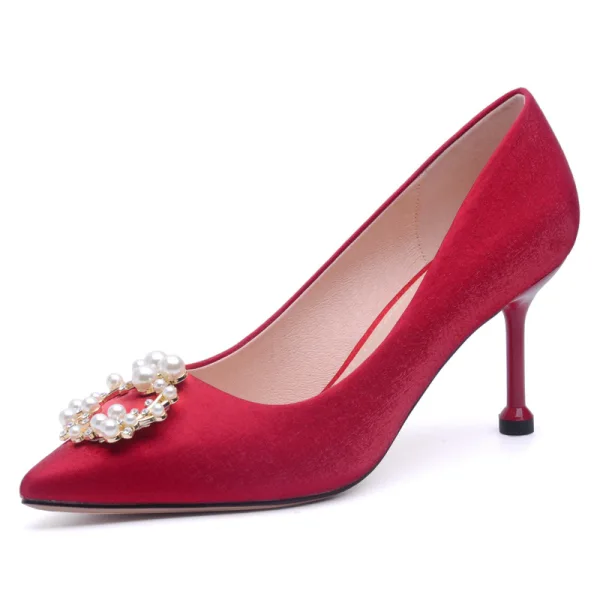 Chinese style Red Wedding Shoes 2020 Pearl 8 cm Stiletto Heels Pointed Toe Wedding Pumps