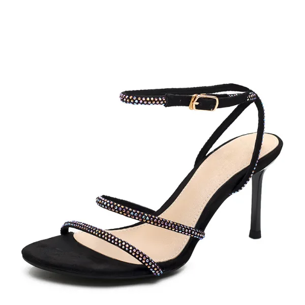 Modest / Simple Black Street Wear Womens Sandals 2020 Ankle Strap 8 cm Stiletto Heels Open / Peep Toe Sandals