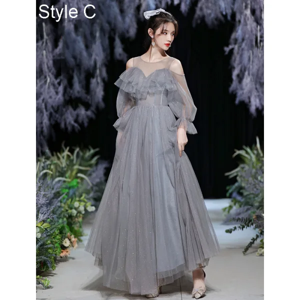Modest / Simple Grey Bridesmaid Dresses 2021 A-Line / Princess Glitter Spaghetti Straps Short Sleeve Backless Floor-Length / Long Bridesmaid Wedding Party Dresses