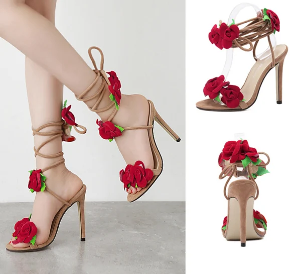 Chic / Beautiful Beige Casual Flower Womens Sandals 2020 Ankle Strap 11 cm Stiletto Heels Open / Peep Toe Sandals