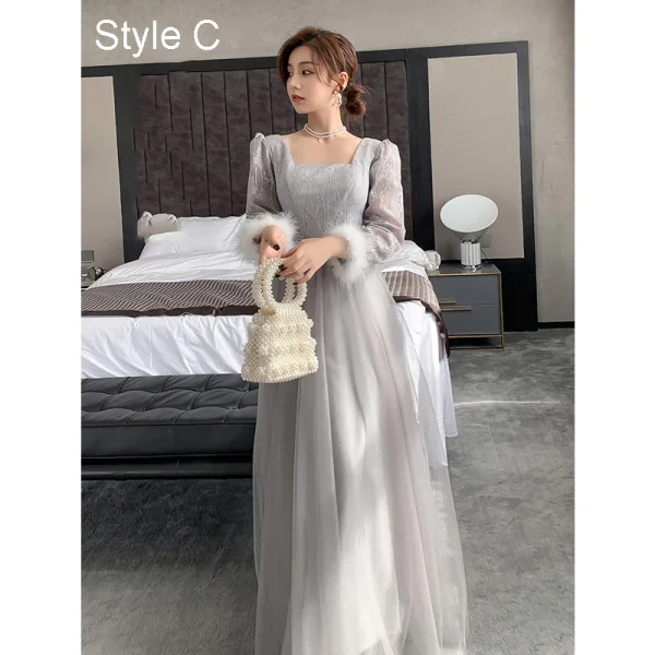 Simple Gris Robe Demoiselle D'honneur Bretelles croisées 2021 Princesse Encolure Carrée En Dentelle Fleur Ceinture 3/4 Manches Dos Nu Longue Demoiselle D'honneur Robe Pour Mariage