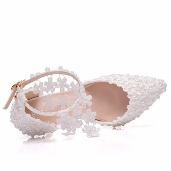 Charming Ivory Wedding Shoes 2020 Ankle Strap Pearl Lace Flower 9 cm Stiletto Heels Pointed Toe Wedding Pumps