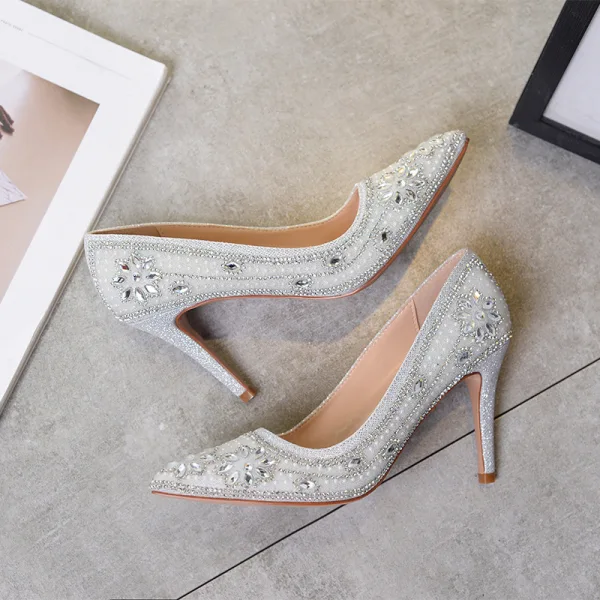 Stilig Sølv Brudesko 2020 Rhinestone Paljetter 9 cm Stiletthæler Spisse Bryllup Pumps