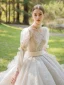 Luxury / Gorgeous Vintage / Retro Medieval Handmade  Beading Ivory Wedding Dresses 2021 Ball Gown Scoop Neck Long Sleeve Sash Bow Lace Flower Pearl Rhinestone Royal Train Wedding