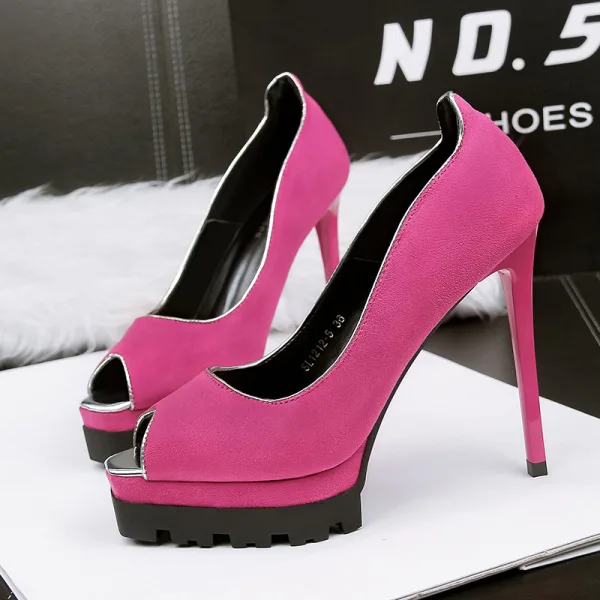 Modest / Simple Red Street Wear Suede Womens Shoes 2020 12 cm Stiletto Heels Open / Peep Toe High Heels